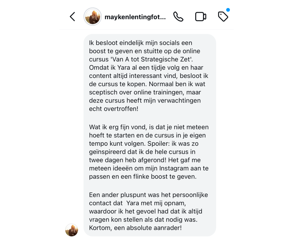 review mayken lenting fotografie - online instagram training - Van A tot strategische Zet